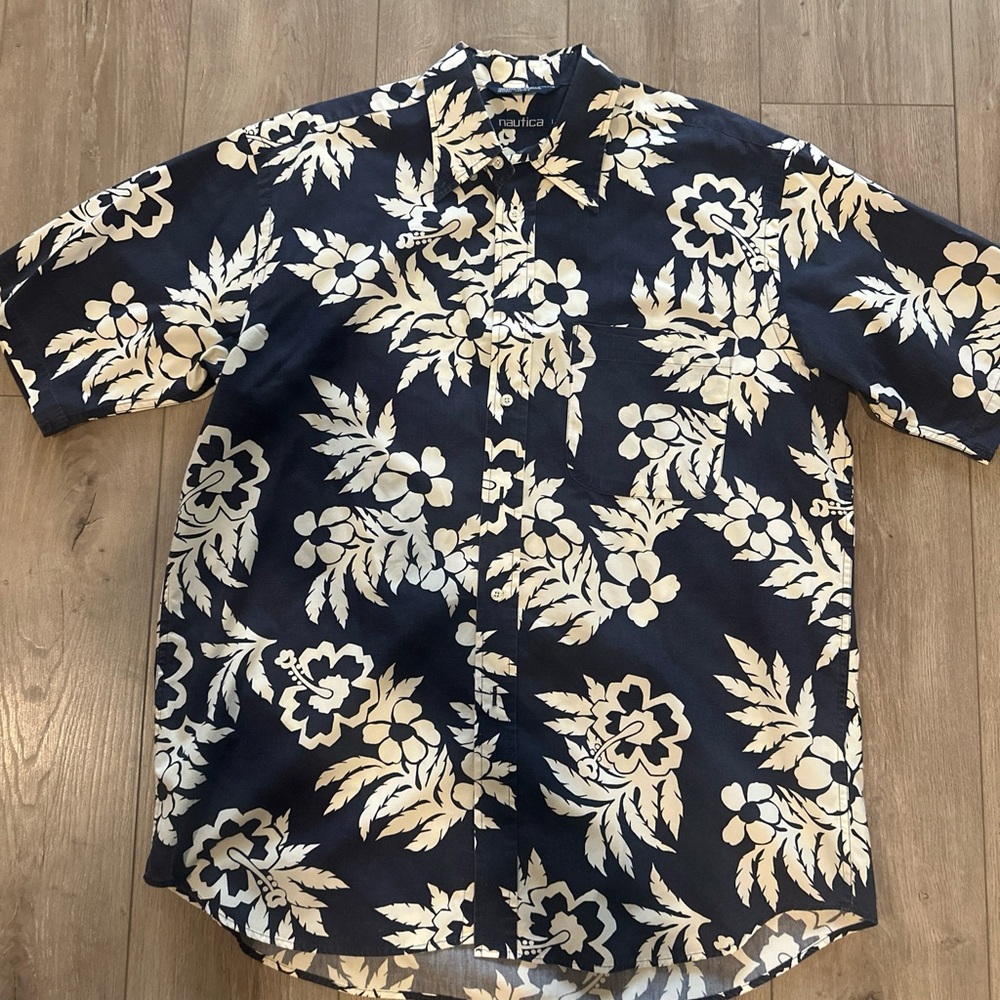 Vintage Nautica Hawaiian Shirt Mens Large Blue White‎ Floral Button Up
